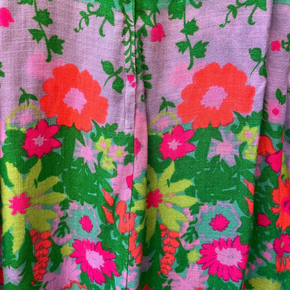 1960s Mod Floral Linen Maxi Dress with Green Bow/Festival/Bohemian/Folk - Picture 7 of 7